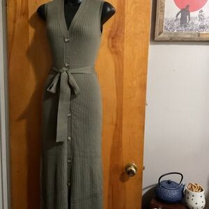Sleeveless Ribbed Button-Front Maxi Dress in Olive Green